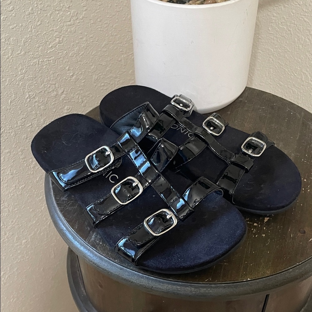 Vionic Black Patent Leather Slide Sandals